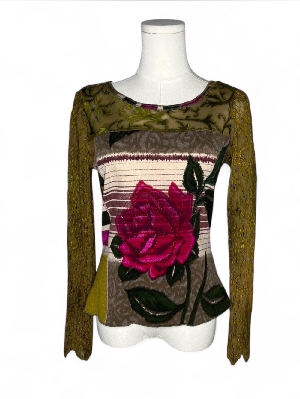 Vintage Alberto Makali Mixed Media Rose Print Long Sleeve Top